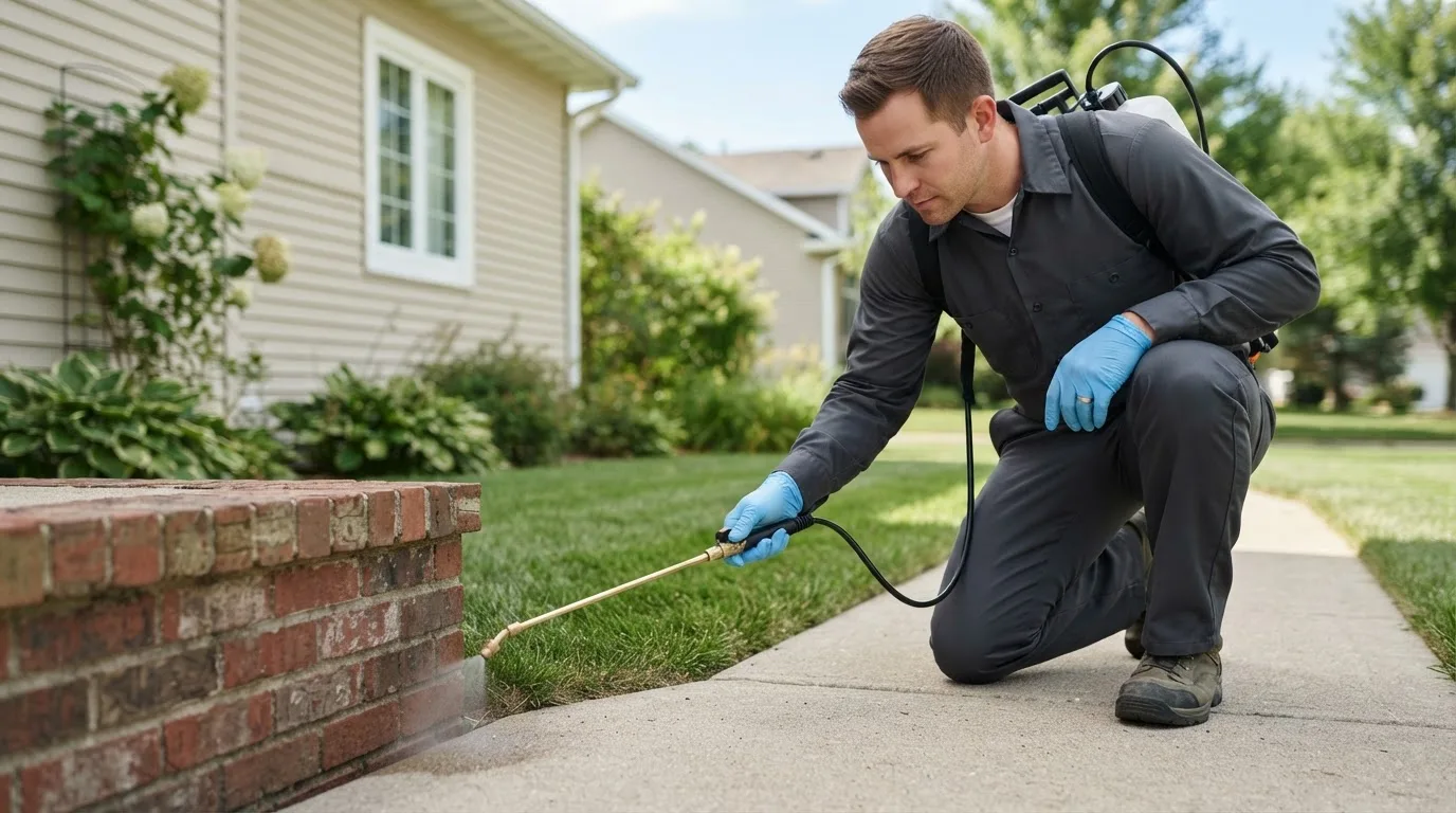 Pest control technician treating a home near Beaverville, IL