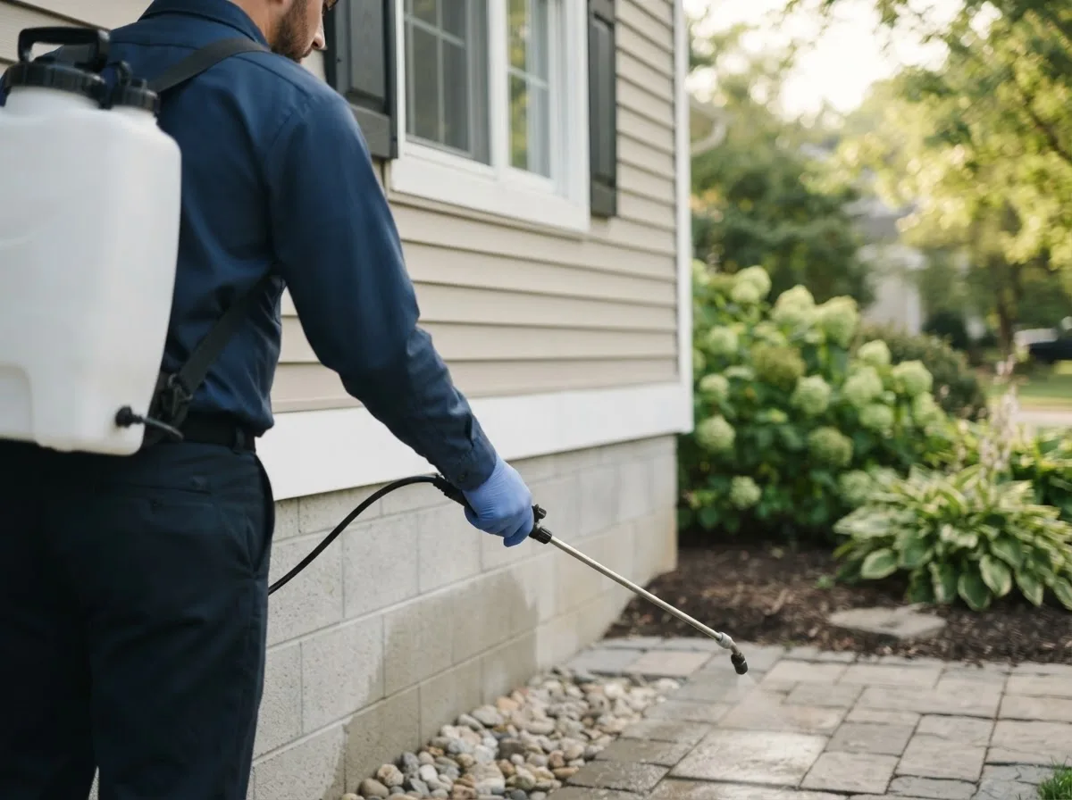 Pest control technician inspecting a home in Beaverville, IL